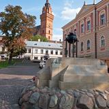 Pomnik z kamienia i płyt, zwieńczony żelaznym zniczem stoi na placu. W tle kamienice i wieża kościoła.